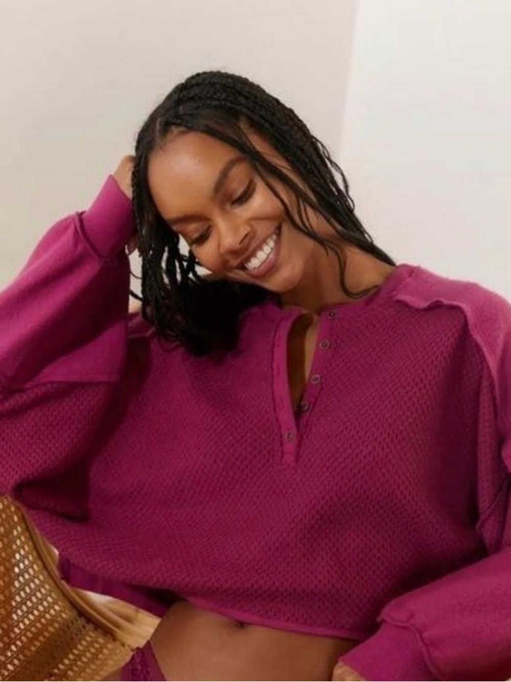 Urban Outfitters Fuchsia Waffle-Knit Henley Sweatshirt